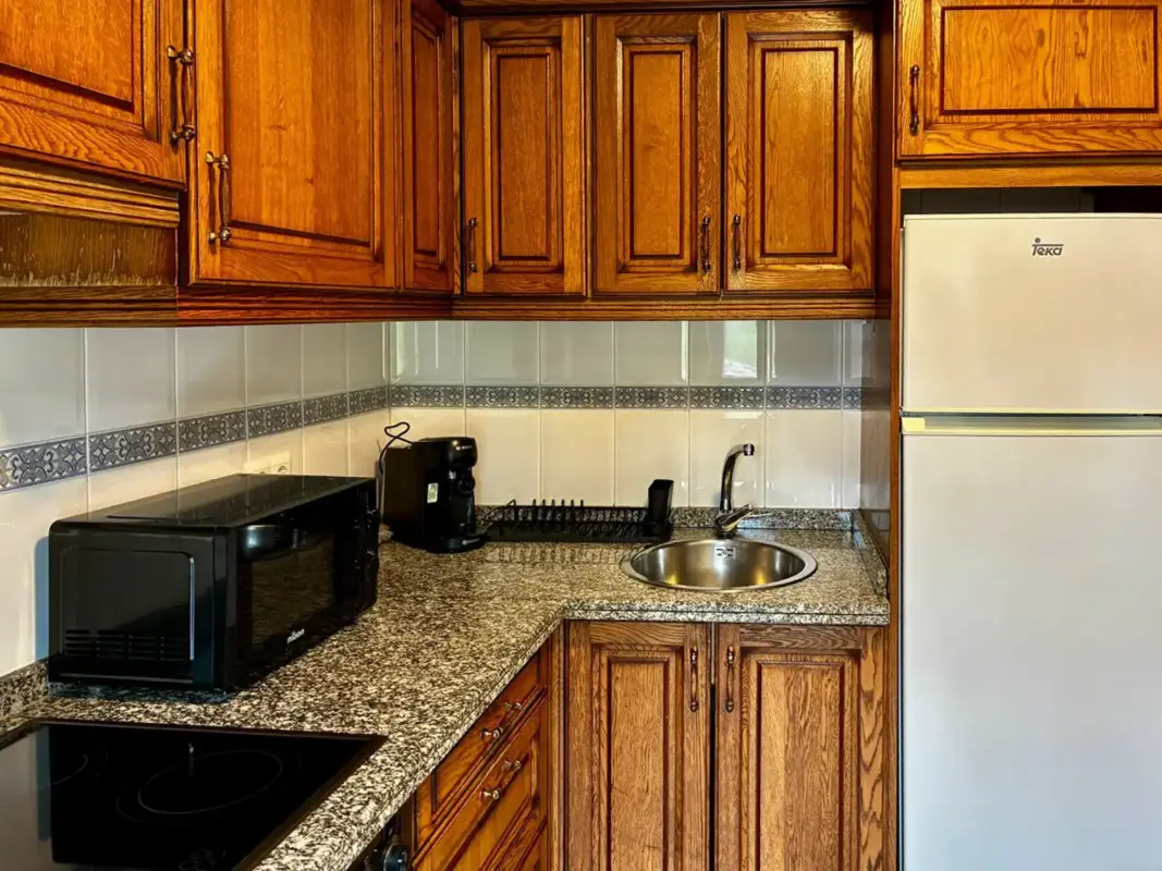 Cocina con fregadero cafetera y encimera en Apartamentos Villa García